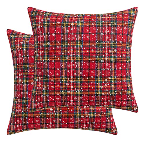 Qelus Kissenbezug Weihnachten 2 er Set, Kissenhülle Kariert Schneeflocke 45x45cm, Weihnachtskissenbezug Dekorative Kissenbezüge Baumwolle Polyester, für Wohnzimmer Sofa Schlafzimmer (Rot und Grün) von Qelus