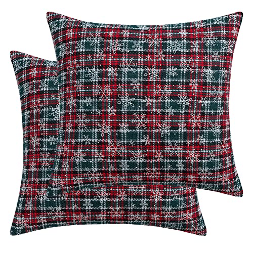 Qelus Kissenbezug Weihnachten 2 er Set, Weihnachtskissenbezug Kariert Schneeflocke 45x45cm, Dekorative Kissenhülle Kissenbezüge Baumwolle Polyester, für Wohnzimmer Sofa Schlafzimmer (Grün) von Qelus