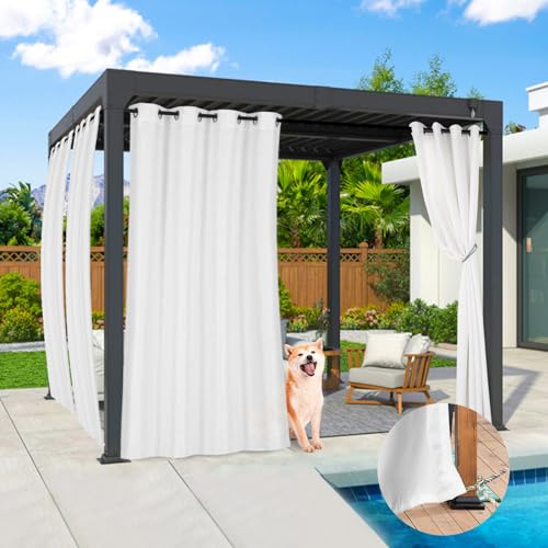 Qelus Outdoor Vorhang Wetterfest, 2er Set Halbtransparent Chiffongefühl Outdoorvorhänge Wasserdicht mit Ösen, Dekoschal Sonnenschutz Sichtschutz für Balkon Garten Terrasse Pavillon, B132xH213cm, Weiß von Qelus