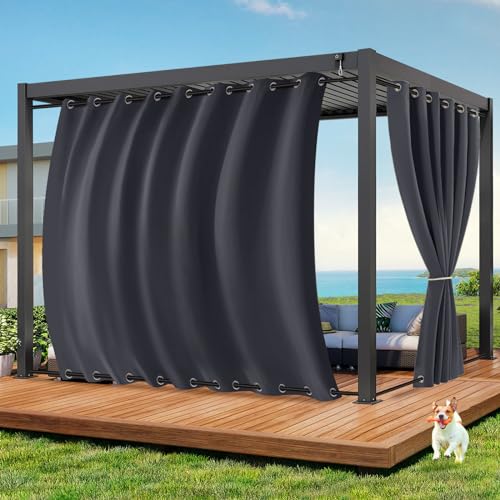 Qelus Outdoor Vorhang Wetterfest B254xH213CM, Wasserdicht Outdoorvorhänge mit Ösen, Aussen Gardinen Winddicht Sonnenschutz Sichtschutz für Garten Terrasse Balkon Pergola Pavillon (Anthrazitgrau) von Qelus