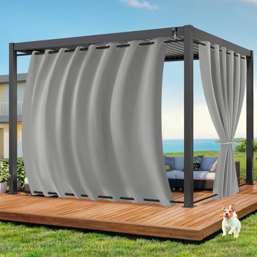 Qelus Outdoor Vorhang Wetterfest B254xH213CM, Wasserdicht Outdoorvorhänge mit Ösen, Aussen Gardinen Winddicht Sonnenschutz Sichtschutz für Garten Terrasse Balkon Pergola Pavillon (Hellgrau) von Qelus