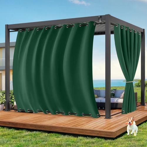 Qelus Outdoor Vorhang Wetterfest B254xH213CM, Wasserdicht Outdoorvorhänge mit Ösen, Aussen Gardinen Winddicht Sonnenschutz Sichtschutz für Garten Terrasse Balkon Pergola Pavillon (Tannengrün) von Qelus