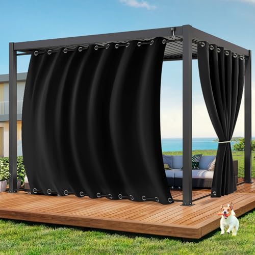 Qelus Outdoor Vorhang Wetterfest B254xH213CM, Wasserdicht Outdoorvorhänge mit Ösen, Aussen Gardinen Winddicht Sonnenschutz Sichtschutz für Garten Terrasse Balkon Pergola Pavillon (Tiefschwarz) von Qelus