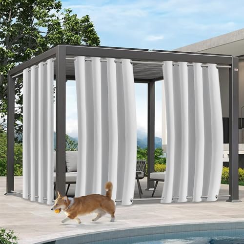 Qelus Outdoor Vorhang Wetterfest mit Ösen Oben und Unten, 2er Set B132xH213CM Outdoorvorhänge, Wasserdicht Sonnenschutz Sichtschutz für Balkon Veranda Pergola Gartenlaube (Grauweiß) von Qelus