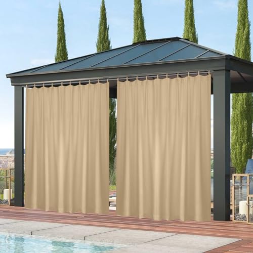 Qelus Vorhang Outdoor Wetterfest, Sonnenschutz mit Klettverschluss B254xH213cm, Außenvorhang Wasserdicht für Balkon Sichtschutz Pavillon Pergola Terrasse Garten (Naturreisbeige) von Qelus