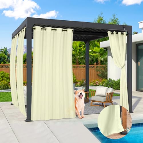 Qelus Wetterfest Outdoor Vorhang, 2er Set Nicht Transparent Outdoorvorhänge Wasserdicht mit Ösen, Dekoschal Sonnenschutz Sichtschutz für Balkon Garten Terrasse Pavillon, B132xH244cm, Creme von Qelus