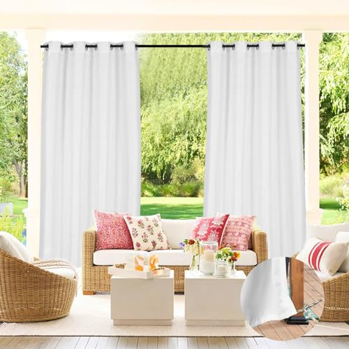 Qelus Wetterfest Outdoor Vorhang, 2er Set Nicht Transparent Outdoorvorhänge Wasserdicht mit Ösen, Dekoschal Sonnenschutz Sichtschutz für Balkon Garten Terrasse Pavillon, B132xH244cm, Weiß von Qelus