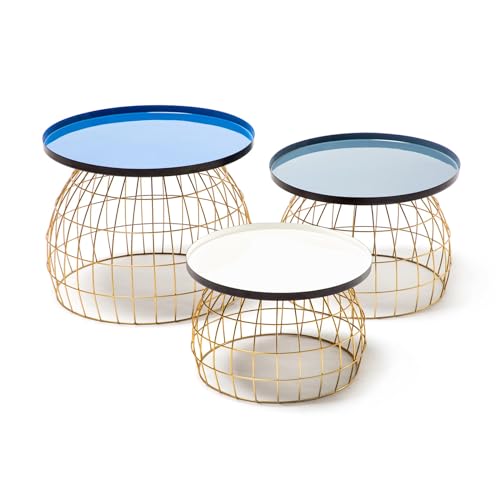 Qiyano Beistelltisch 3er Tisch-Set Trio Metall Eisen Gitter-Korb Gold modern verspielt vielseitig Wohnzimmer Esszimmer Lounge Vorraum Höhen: 26 cm / 32 cm / 42 cm Farbe: Blau/Grau/Weiß von Qiyano