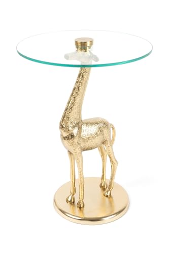Qiyano Beistelltisch rund Standfuß in Tierform Giraffe Animal aus Aluminium und Glas Design Safari modern Deko Couchtisch Nachttisch Wohnzimmer und Flur Ø 40 cm Farbe: Gold von Qiyano