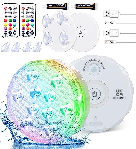 Qoolife USB Wiederaufladbares Unterwasserlicht Funksignal WRGB 3.3" Magnetische bunte LED-Tauchleuchten für Badewanne, Aquarium, Pool, Teich, Dekor, Spa, Weihnachten -2 Stück von Qoolife