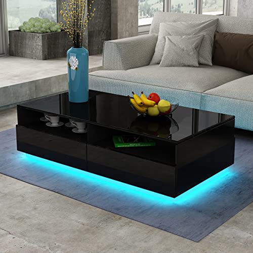 Wohnzimmer Beistelltisch mit Stauraum 4 Schubladen 2 Offene Fächer LED Beleuchtung Holz Rechteckig Hochglanzoberfläche Couchtisch Kaffeetisch Wohnzimmertisch Sofatisch (Schwarz mit LED) von QuQqquu