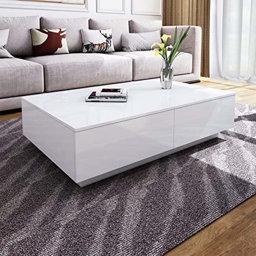 Wohnzimmer Beistelltisch mit Stauraum 4 Schubladen LED Beleuchtung Holz Rechteckig Hochglanzoberfläche Couchtisch Kaffeetisch Wohnzimmertisch Sofatisch Coffee Table Couch Table Wood (Weiß) von QuQqquu