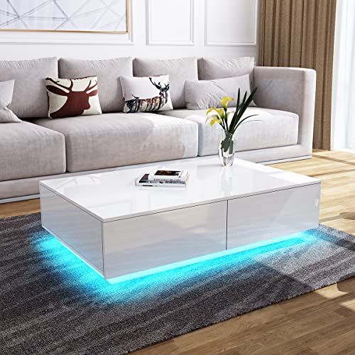 Wohnzimmer Beistelltisch mit Stauraum 4 Schubladen LED Beleuchtung Holz Rechteckig Hochglanzoberfläche Couchtisch Kaffeetisch Wohnzimmertisch Sofatisch Coffee Table Couch Table Wood (Weiß mit LED) von QuQqquu