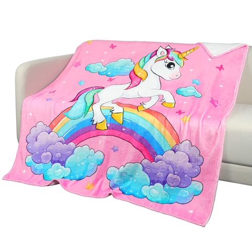 Queenshin Regenbogen Einhorn Decke für Kinder Teens 130 * 150 cm, 270 GSM Leichte Gemütlich Flauschig Flanell Decken für Bett Sofa, Rosa von Queenshin