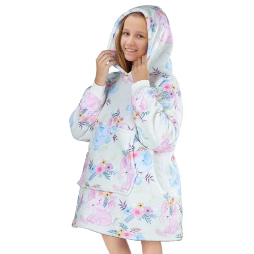 Queenshin Übergröße Rosa und Blau Elefant Hoodie Decken Sweatshirt für Kinder und Teenies, Kuschelpullover Warme Flanelldecke Body Decke, Eine Größe für alle von Queenshin