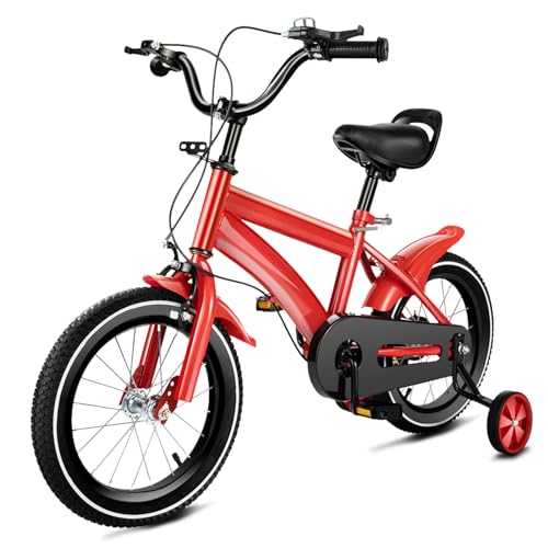 14 Zoll Fahrrad, Kinder Fahrrad Anfänger, Fahrrad im Freien, Indoor Bike,Carbon Stahl Kinder Fahrrad Kinder Fahrrad mit abnehmbaren Stabilisatoren, für Jungen und Mädchen Geschenke (rot) von Queeucaer