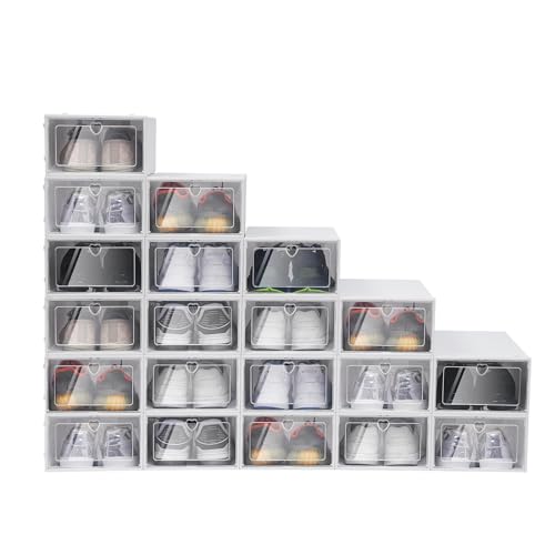 Quiltern 20 Stück Stapelbar Schuhbox Schuhkarton Schuhaufbewahrung Schublade Transparent,weiß Aufbewahrungsbox Halter für Schrank, Schlafzimmer, kleiner Raum von Quiltern