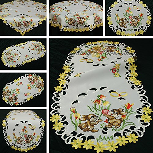 Quinnyshop Ostern Tischläufer/Tischdecke Weiß mit gelben Tulpen Stickerei - Größe wählbar (ca. 30 cm Rund) von Quinnyshop