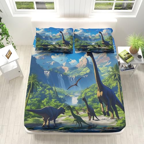 GrüN Spannbettlaken 90x200 cm, Weiches Mikrofaser Bettlaken Spannbetttuch für Kinder, Cartoon Tiere Dinosaurier Berge und FlüSse Bettlaken - Tiefe Tasche 30 cm Mit 2 Kissenbezügen von Quixora