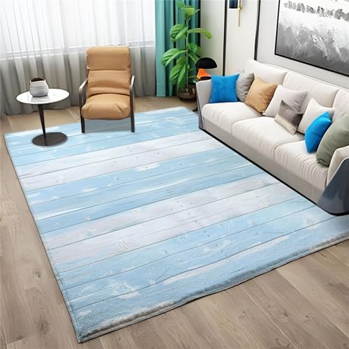 Quixora Gestreiftes Brett Teppich für das Wohnzimmer Blau Weiss Kurzfloriger Teppich Geeignet Schlafzimmer, Kinderzimmer Teppich waschbar rutschfest, Teppiche 60 x 90 cm von Quixora