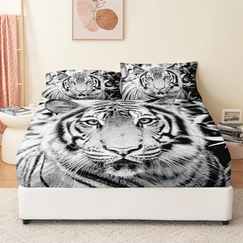 Quixora Spannbettlaken 180x200cm Weiches Atmungsaktiver Mikrofaser bettlaken Tierischer WeißEr Tiger Spannbettlaken für Boxspringbetten und Topper Matratzenschoner bis 30 cm Höhe Mit 2 Kissenbezügen von Quixora