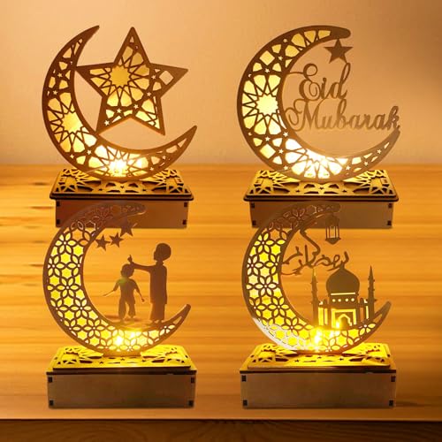 Ramadan Holz Lichter Dekoation, 4 Stück Ramadan Lampe LED Holz, Ramadan Dekoration, Mubarak Ramadan Lampe, DIY Eid Ramadan Fee Licht, Eid Mubarak Tischdekoration Mond Stern Nachtlichter Geschenke von Qunkun