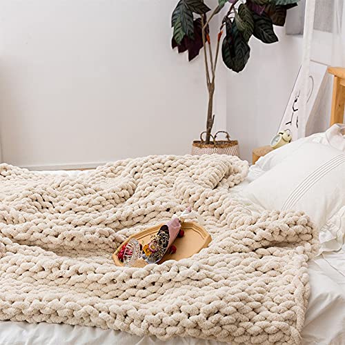 RAILONCH Strickdecke,Grob Gestrickte Wolldecke Stricken Handgewebte Chenille Grobstrick Überwurf Decke für Haustier Bett Stuhl Sofa Tagesdecke Strick (Beige weiß,60x80cm) von RAILONCH