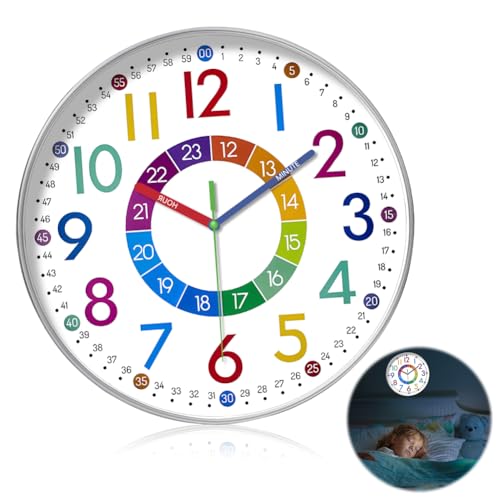 RANJIMA Kinder Wanduhr Ohne Tickgeräusche, 30CM Lernuhr Kinder Uhr Kinderzimmer Batteriebetrieben Kinderwanduhr Bunt Kinderuhr Wand Uhr, Wanduhr Kinderzimmer Lautlos für Schlafzimmer Küche Wohnzimmer von RANJIMA