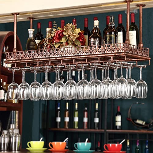 Weinregale, verstellbarer Decken-Weinhalter aus Metall, an der Wand montierter Weinflaschenhalter, hängende Weinglasregale, Kelch-Stielglas-Regale, Vintage-Wohnkultur-Regale, Bronze, 80 x 35 cm. Das von RASOANOA