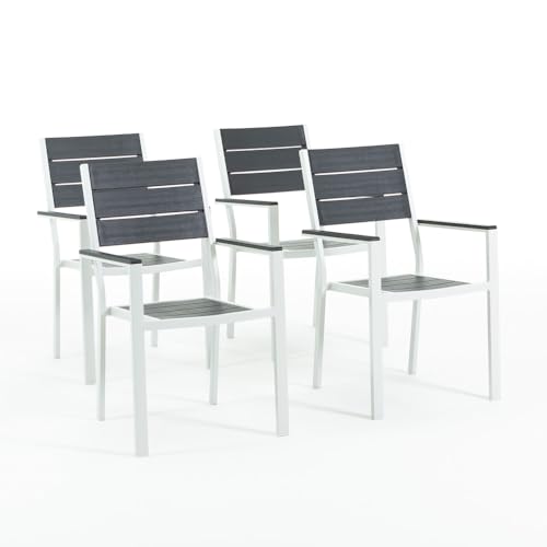 RATTATAN Adele- stapelbare Außen- und Gartenstühle aus Stahlgestell und hochwertiger Platte aus Polyethylen in raffiniertem Holzdesig (4, Weiß/Schiefer) von RATTATAN