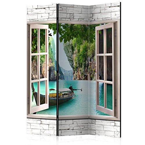 murando Raumteiler Fensterblick Fenster Landschaft Foto Paravent 135x172 cm einseitig auf Vlies-Leinwand Bedruckt Trennwand Spanische Wand Sichtschutz Raumtrenner Home Office blau beige von RAUMTEILER / PARAVENT B&D XXL