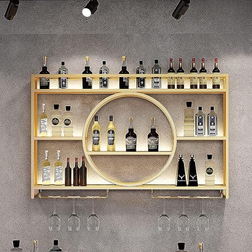 Modernes Weinregal zur Wandmontage, aus Metall, industrieller Flaschenhalter mit Glashalter, Flaschenhalter, Wandregal aus Glas, für Küche, Bar (Größe: 120 x 15 x 80 cm, Farbe: Gold) von RCJCQSR