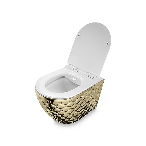 RD Luxury® Gold Weiß Hänge WC Spülrandlos Hänge WC Komplettset Wand WC Spülrandlos Designer Wand Toilette WC Sitz + Deckel aus Duroplast von RD Luxury