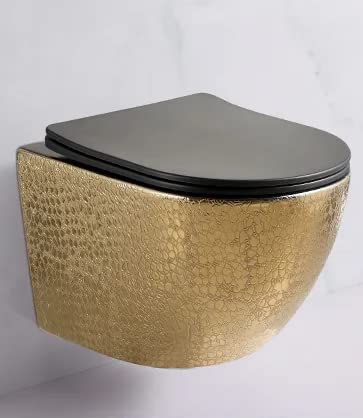 RD Luxury® Goldenes Wand-WC mit Krokodilmuster Hänge-WC Spülrandlos - Hänge-WC Komplettset - Wand-WC Spülrandlos - Designer-Wandtoilette - WC-Sitz + Deckel aus Duroplast von RD Luxury