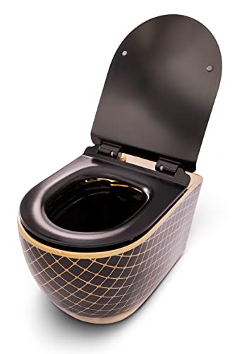 RD Luxury® Hänge WC Spülrandlos Hänge WC Komplettset Wand WC Spülrandlos Designer Wand Toilette WC Sitz + Deckel aus Duroplast Schwarz Gold von RD Luxury