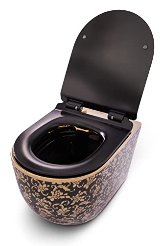 RD Luxury® Schwarz Gold Hänge WC Spülrandlos Hänge WC Komplettset Wand WC Spülrandlos Designer Wand Toilette WC Sitz + Deckel aus Duroplast von RD Luxury