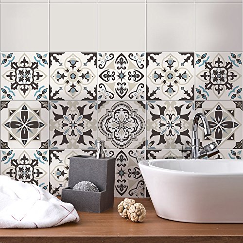 RE-COVERTILES - Fliesenaufkleber Badezimmer und Küche 24 Stck 10x10 cm - PS00022 PVC-Wanddekoration Wasserdicht Fliesen Mosaik Stil Azulejos-Zementfliesen von RE-COVERTILES