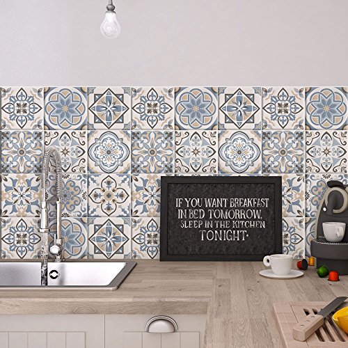 RE-COVERTILES - Fliesenaufkleber Badezimmer und Küche 10 Stck 20x20 cm - PS00023 PVC-Wanddekoration Wasserdicht Fliesen Mosaik Stil Azulejos-Zementfliesen von RE-COVERTILES