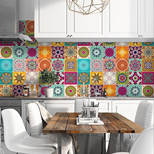 RE-COVERTILES - 72 Stück Aufkleber für Fliesen 10x10 cm PS00179 Wandmosaik Zementfliesenkleber für Bad und Küche abziehen und aufkleben von RE-COVERTILES