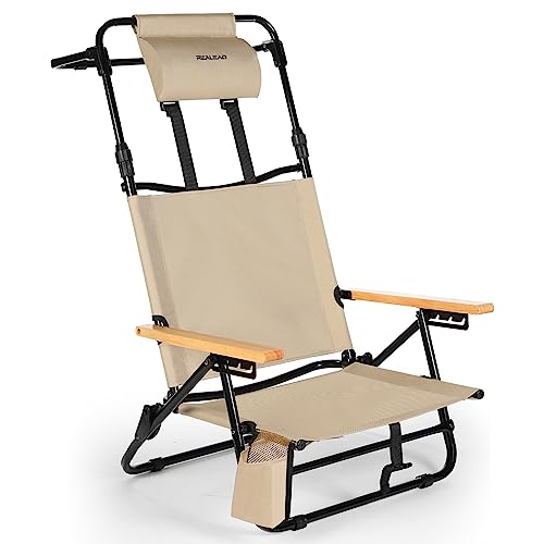 REALEAD Strandkörbe für Erwachsene – Ausziehbarer Liegestuhl mit hoher Rückenlehne und 4 Positionen – flach liegender faltbarer Strandstuhl mit Kopfstütze, Kühltasche von REALEAD