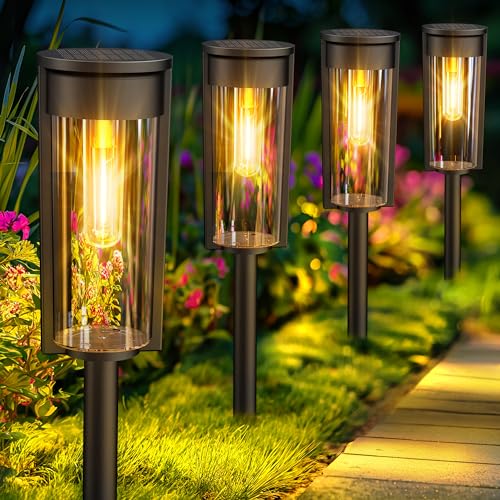 RECHOO Solarlampen für Außen Garten, 4 Stück Wolfram Solarleuchten Garten mit Warmweiß Licht, IP65 Wasserdicht Solar Gartenleuchten für Garten Deko Terrasse Weg Balkon von RECHOO