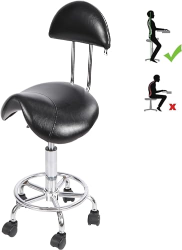 REDCAMP Upgrade Sattelhocker mit Rückenlehne, ergonomischer Sattelstuhl mit Rädern für Spa, Salon, Massage und Kosmetikerin, Verstellbarer hycraulischer Sitz. Schwarz von REDCAMP