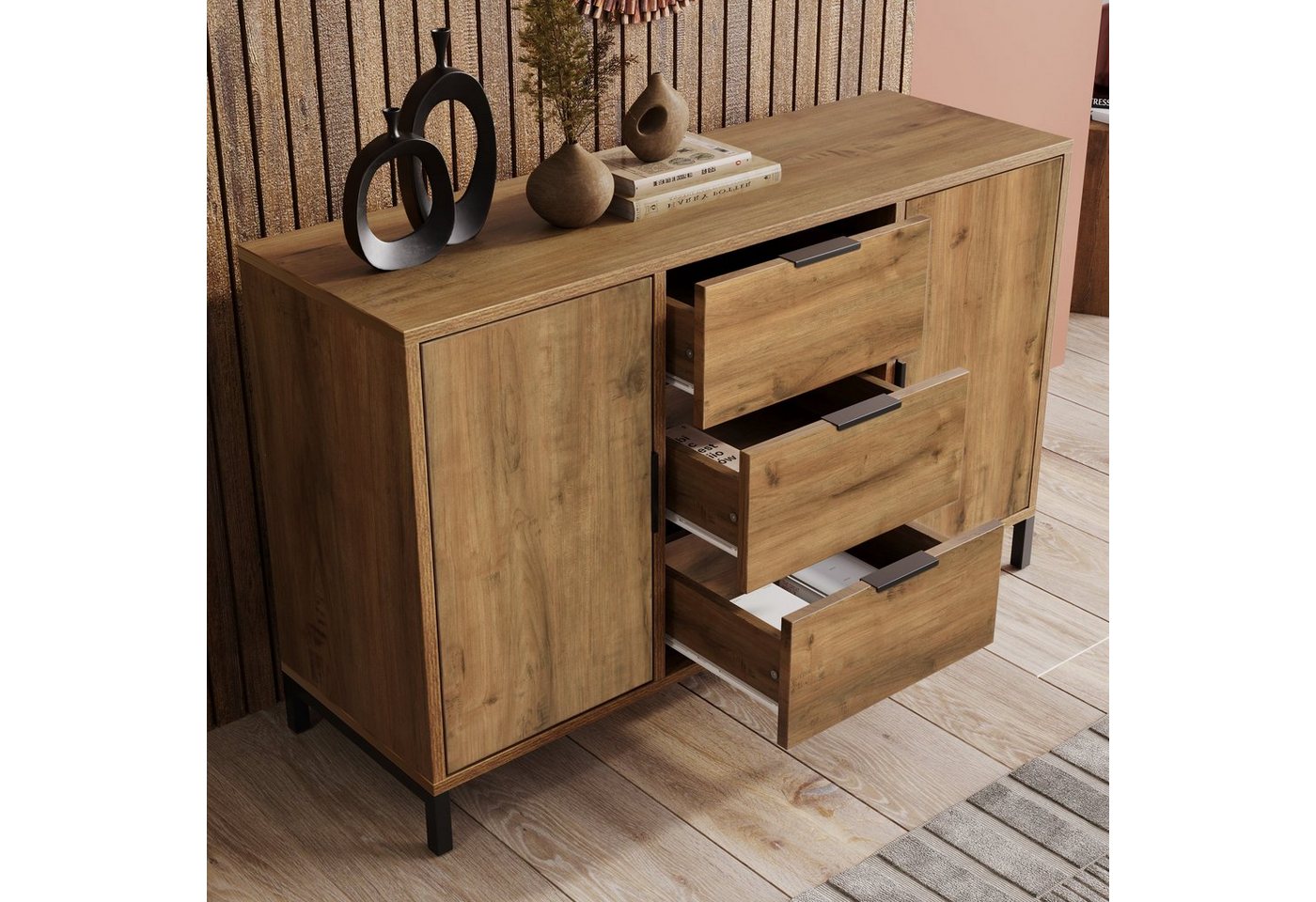 REDOM Kommode (Sideboard Schrank mit 3 Schubladen und 2 Türen), Für Wohnzimmer von REDOM