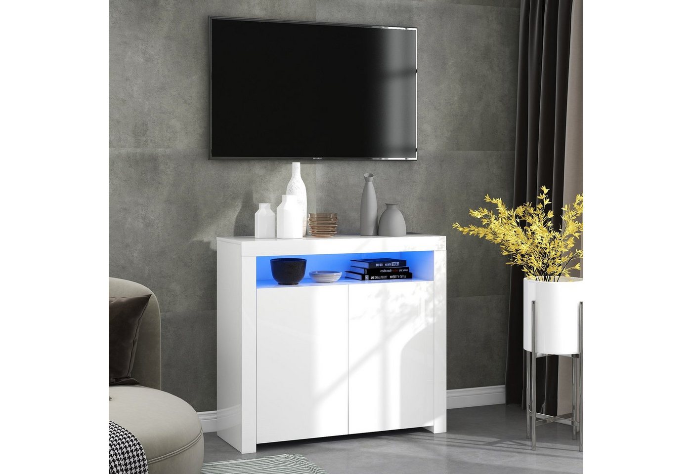 REDOM Kommode Anrichte Sideboard Schrank Beistellschrank Küchenschrank Küchen (Buffet Holz Aufbewahrungsvitrine TV-Ständer), Hochglanz mit LED-Licht, Weiß von REDOM