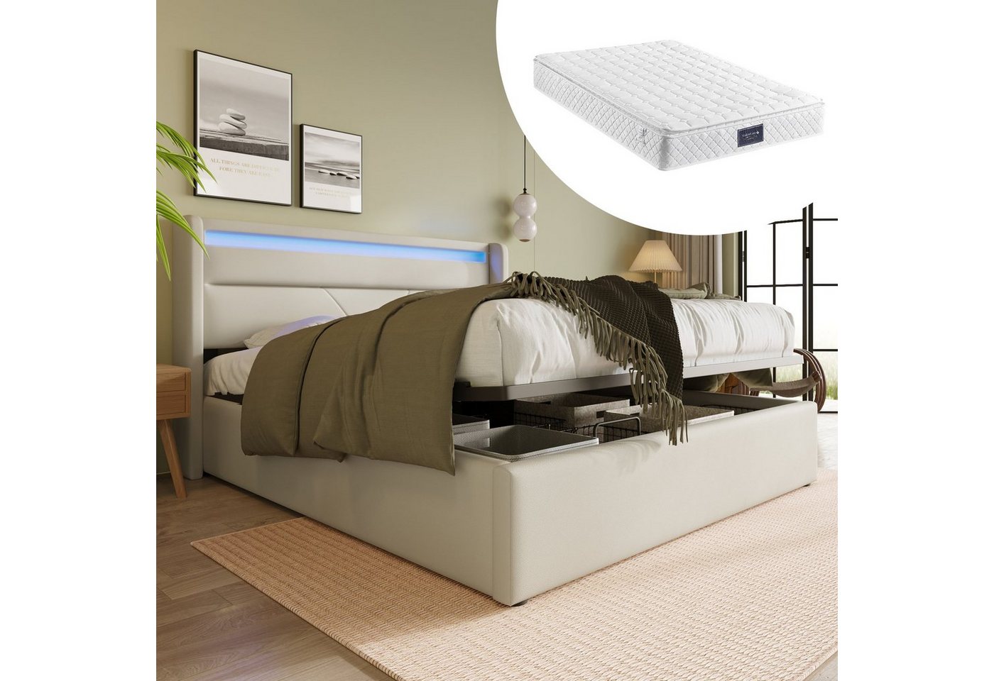 REDOM Polsterbett Doppelbett Bettgestell Stauraumbett mit LED-Beleuchtungsleiste, Funktionsbett, Grau (Mit Fernbedienung), Inklusive Matratze von REDOM