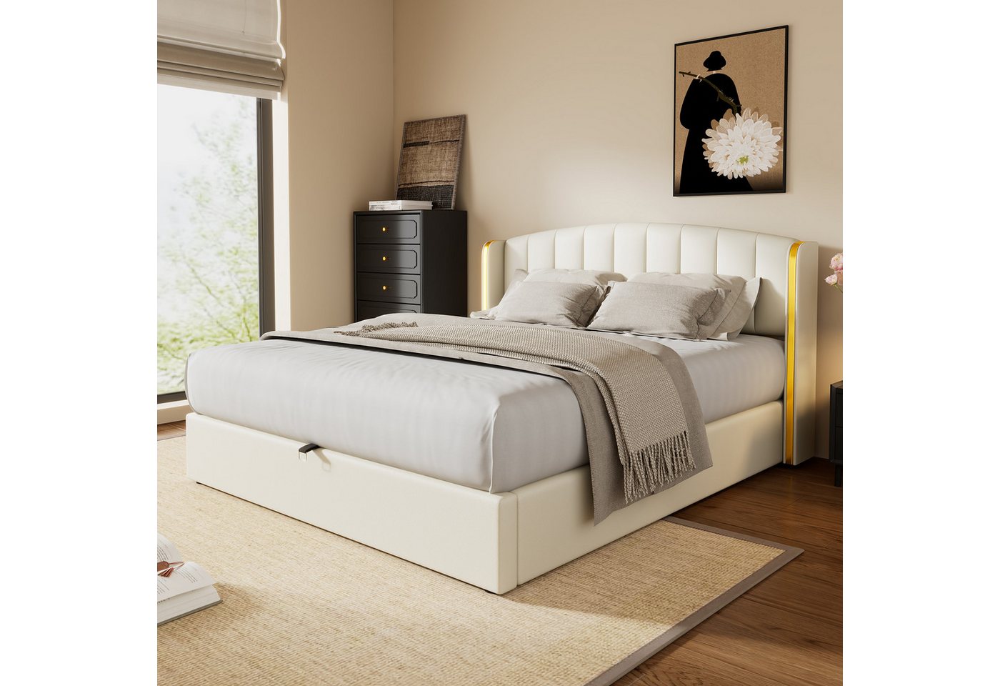 REDOM Polsterbett Hydraulisches Bett (160*200cm), mit goldgerandetes Ohrendesign, Bettkasten, Lattenrost und Kopfteil von REDOM