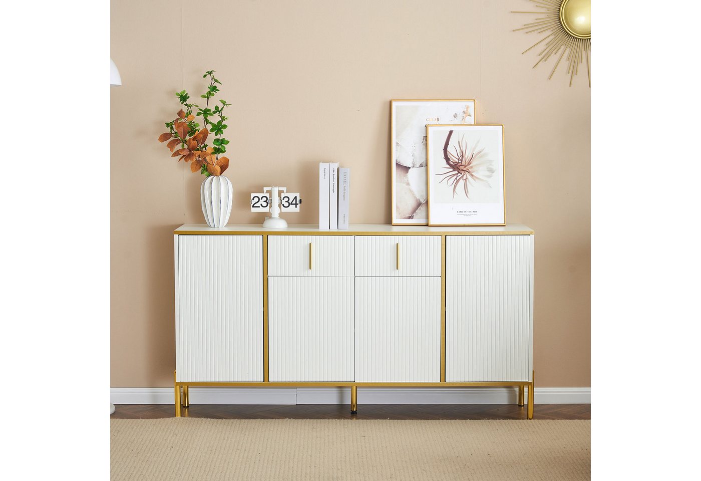 REDOM Sideboard Eckschrank Kommode (2 Schubladen, 4 Türen), mit Goldverzierung,mit verstellbaren Trennwänden,140*35*76cm von REDOM