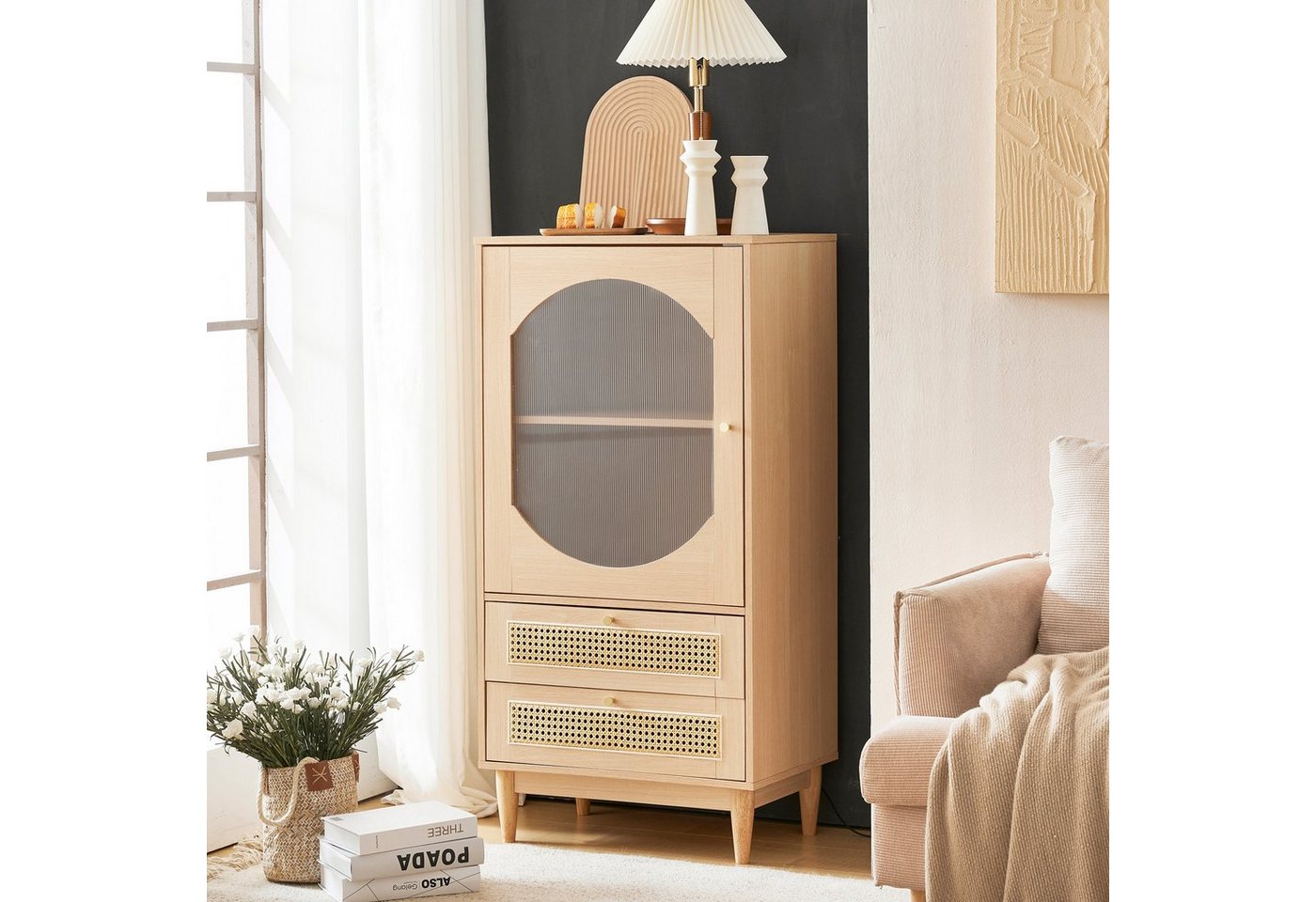 REDOM Sideboard Schrank (1 Tür aus klarem Acryl 2 Schubladen aus Rattan), Esszimmerschrank, Hochschrank, Kommode von REDOM