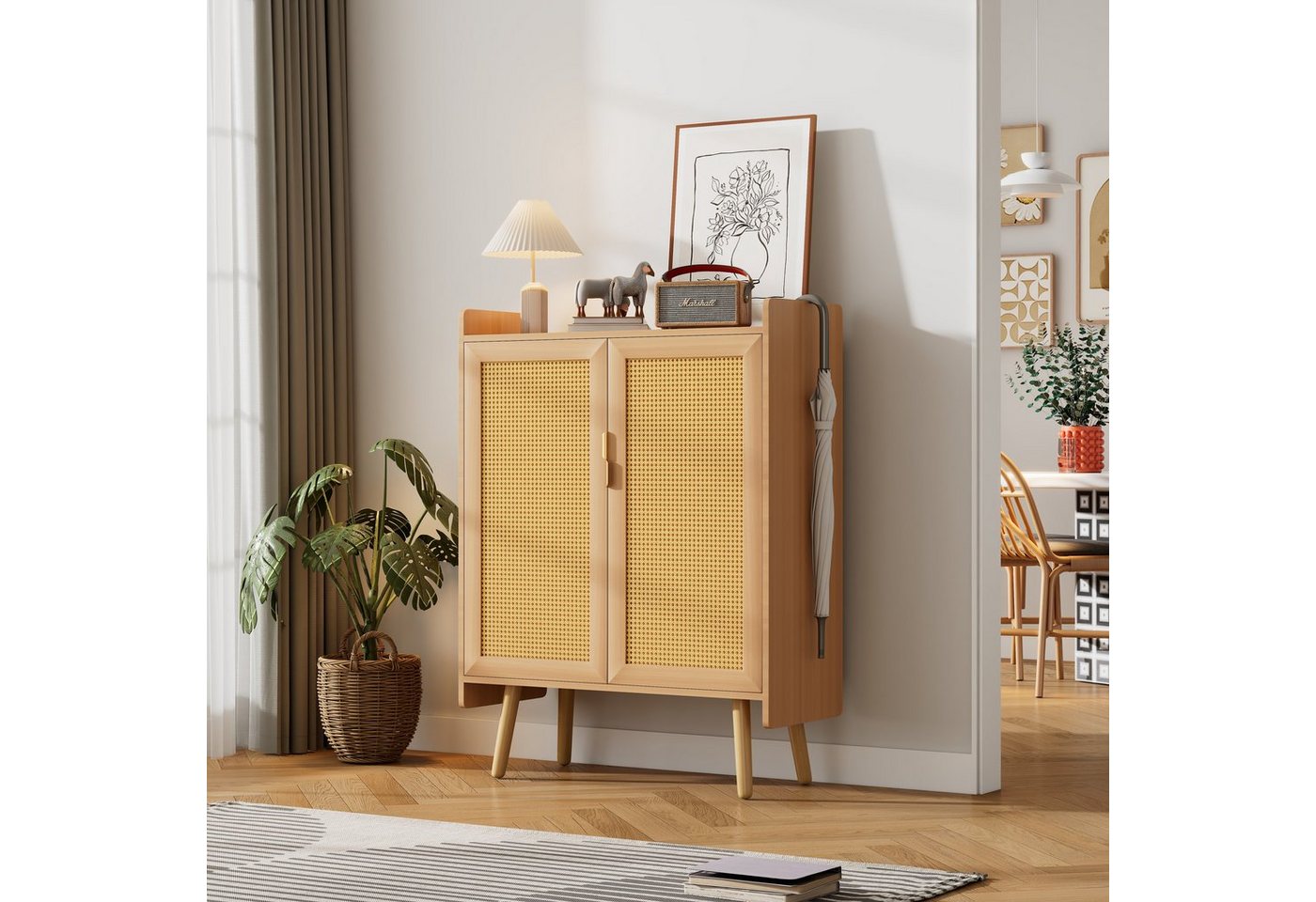 REDOM Sideboard Schuhschrank aus Holz mit 2 Türen und Rattan (mit Metallgriffen und Massivholzfüßen) von REDOM