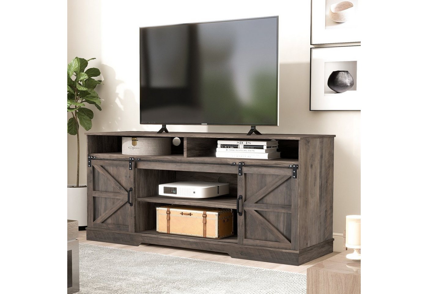 REDOM TV-Schrank TV Schrank Fernsehschrank Sideboard (Bauernhaus Design, Industriedesign, rustikales Waschgrau, 150*40*81,5 cm) Kommode Beistellschrank Unterhaltungscenter + 2 klassisch Schiebetüren von REDOM